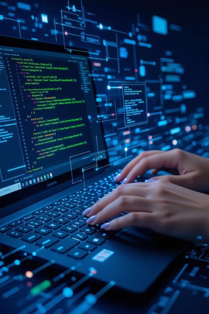 A person coding on a laptop with a bright blue data-driven interface